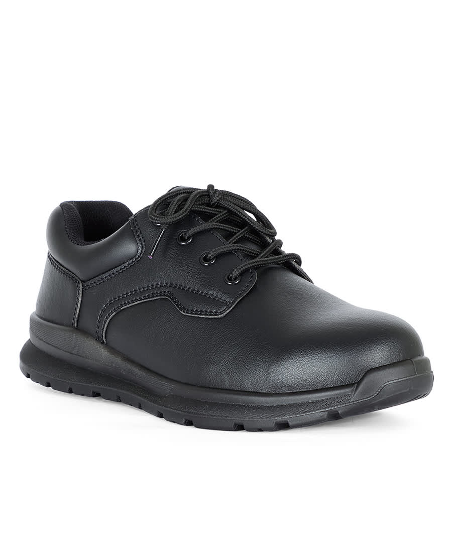 A black lace-up steeltoe shoe designed for workwear, featuring a sturdy sole and a sleek finish. JB's Microfibre Lace Up Steeltoe Shoe - Image 1