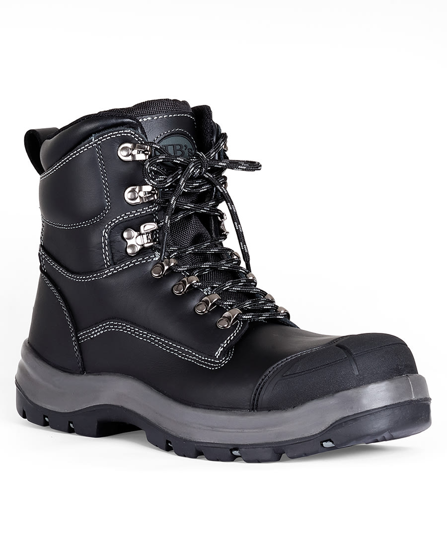 A black safety boot with a lace-up design, featuring a padded collar and a protective toe cap. It has a logo. JB's Roadtrain Zip Safety Boot - Image 1
