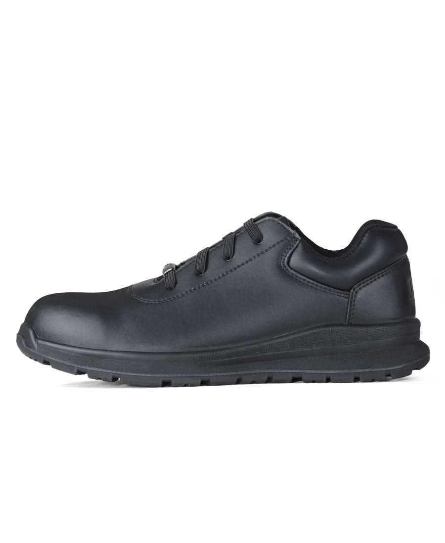 A black soft toe sneaker featuring a sleek design and textured detailing, with a logo present on the shoe. JB's Summit Soft Toe Sneaker - Image 1