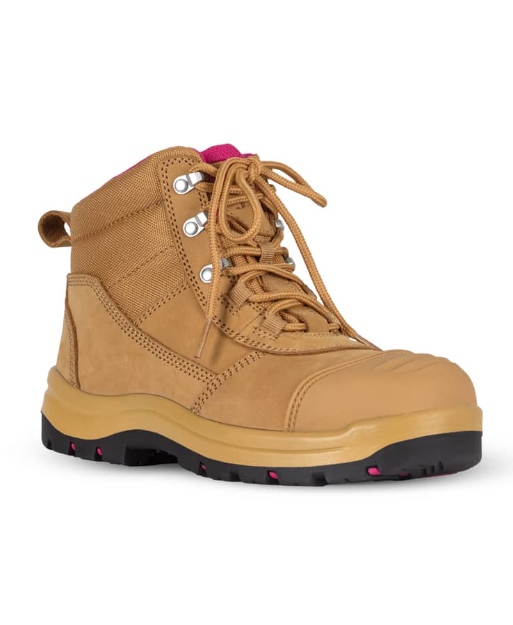A wheat and pink safety boot with laces, featuring a sturdy sole and a logo on the side. JB's Ladies Atrax Zip Safety Boot - Image 1