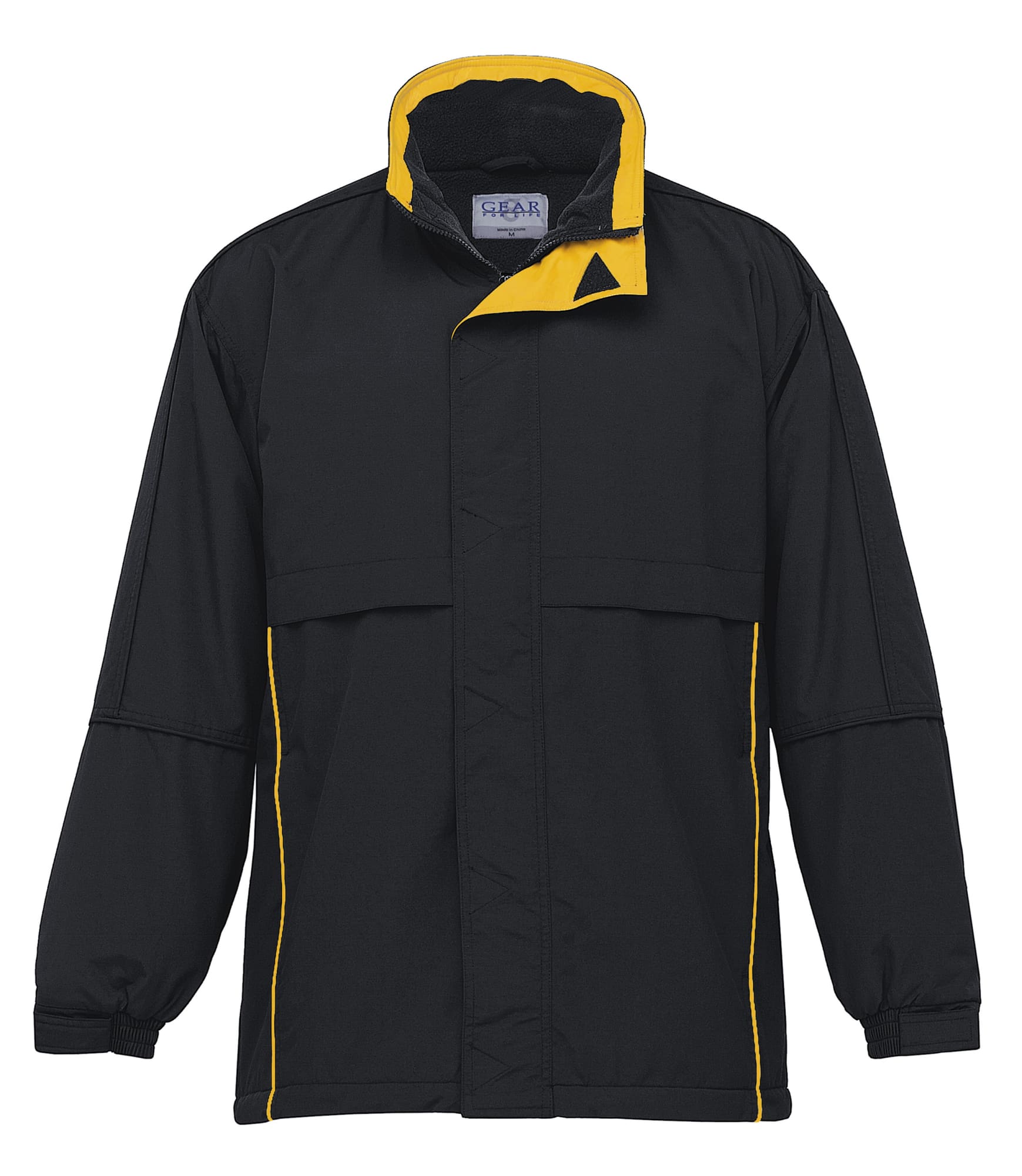 A black rain jacket with yellow accents and a logo on the chest area. Features a high collar and long sleeves. Contrast Basecamp Anorak - Image 1