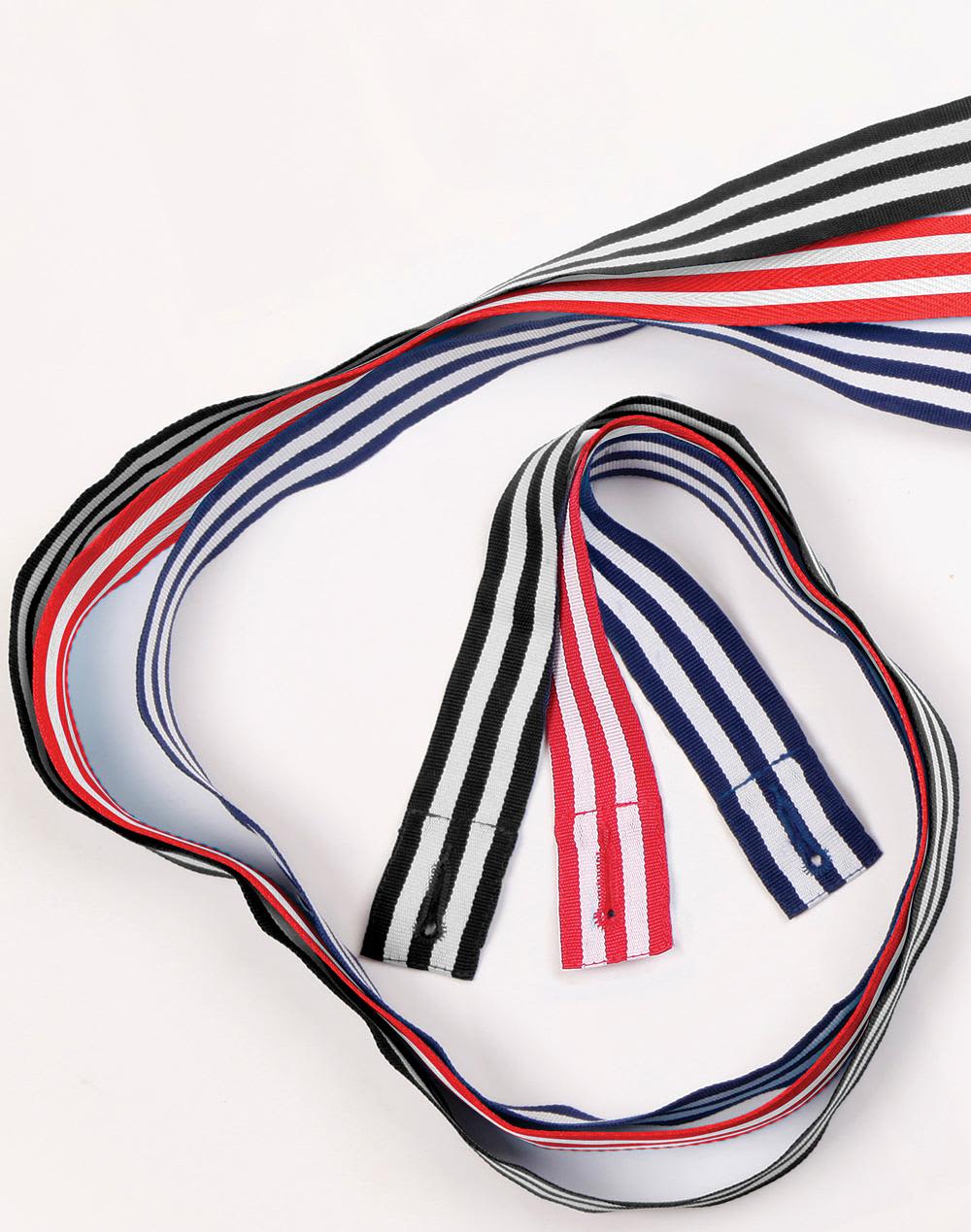 Changeable two-tone apron straps in black, red, and blue with alternating stripes. Includes a logo. Changeable Two Tone Apron Straps - Image 1