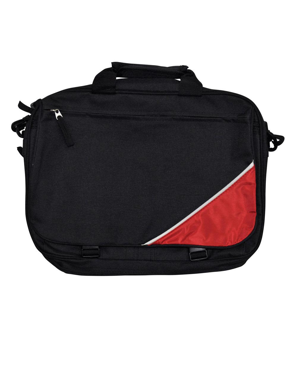 A black satchel/shoulder bag with a red accent and a logo on the front. Features two handles and a zip closure. Flap Satchel/Shoulder Bag - Image 1