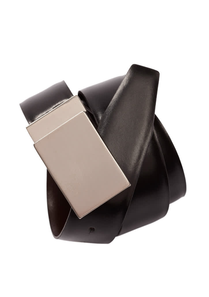 A black leather corporate belt featuring a rectangular silver buckle and a smooth finish. Includes a branding logo. Mens Corporate Belt - Image 1