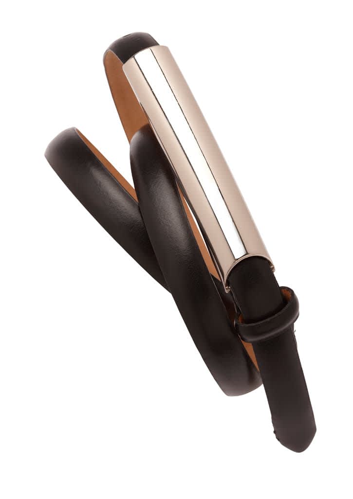 A women's slimline belt in black leather with a silver metallic accent, featuring a simple and elegant design. Womens Slimline Belt - Image 1