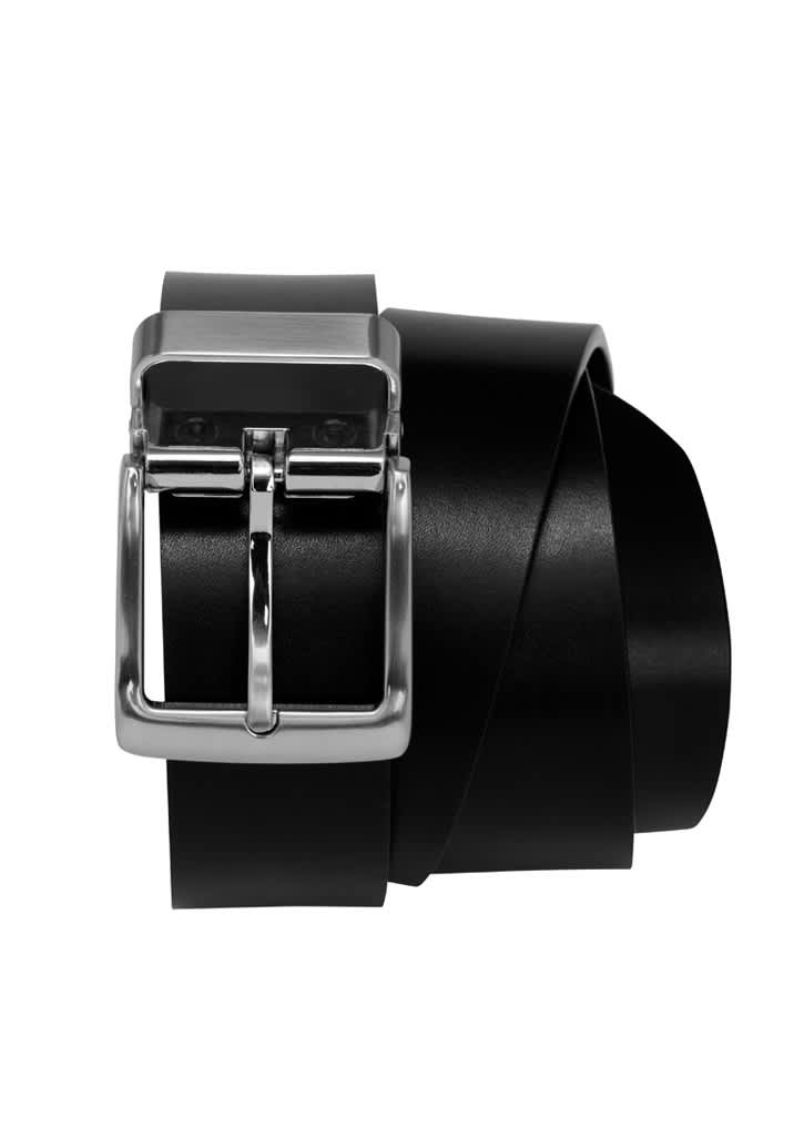 A black men's standard belt featuring a silver buckle and a sleek, smooth finish. The belt is rolled for display. Mens Standard Belt - Image 1