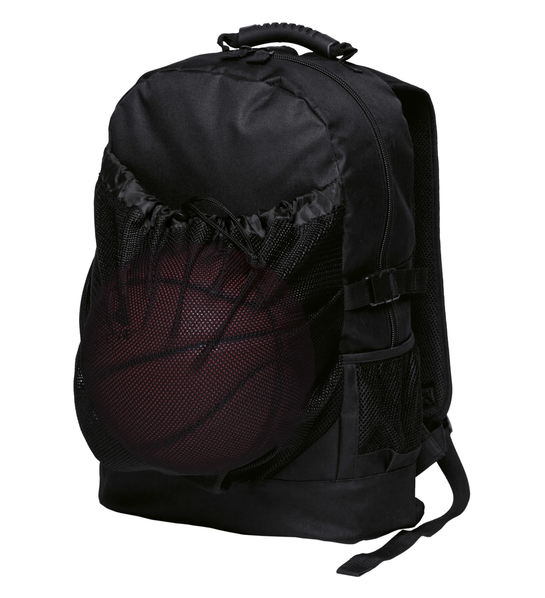 A black backpack featuring a mesh front pocket designed to hold a basketball, with adjustable straps and side pockets. Basket Backpack - Image 1
