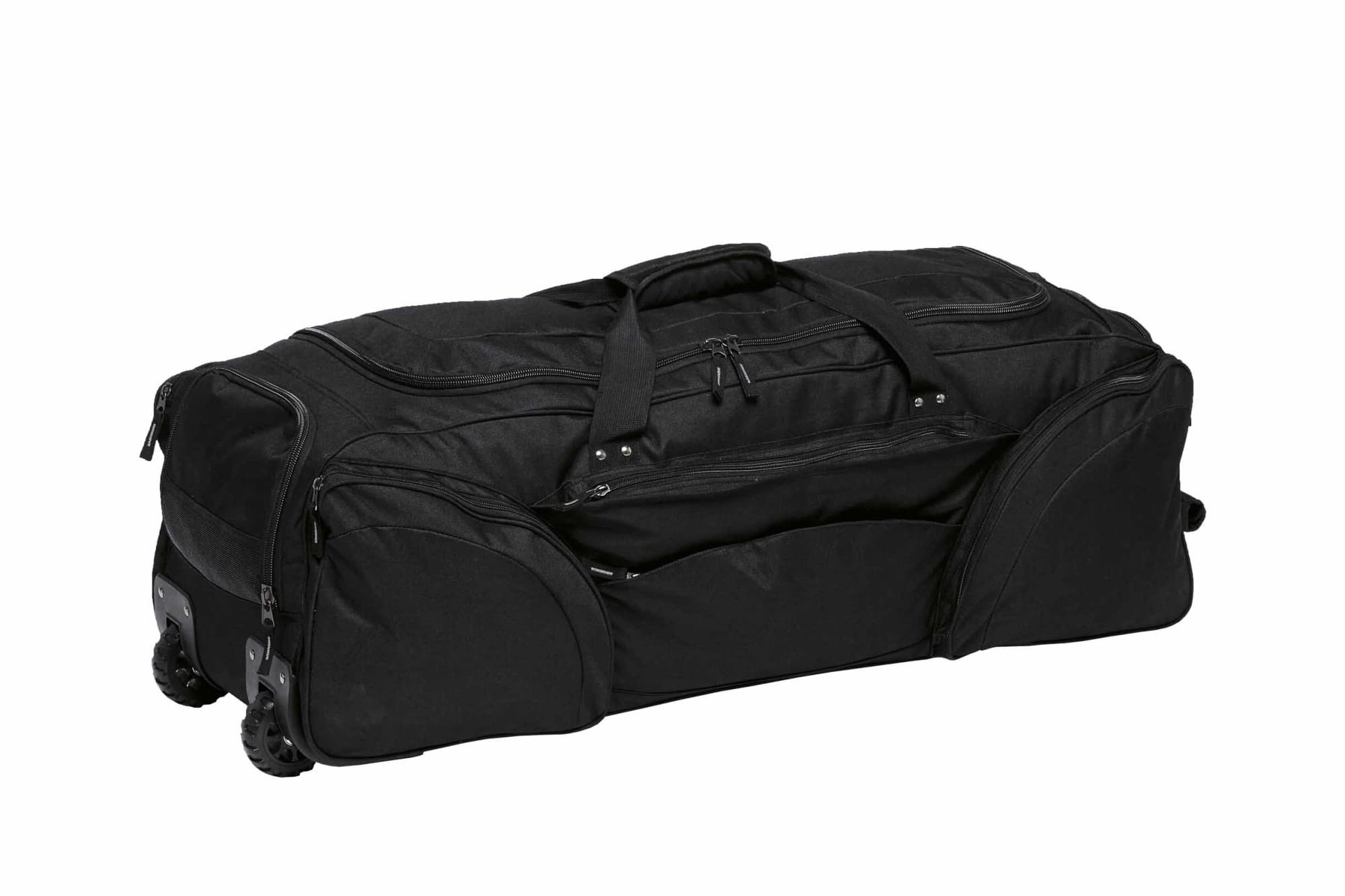 A wheeled black travel bag with multiple pockets and sturdy straps for easy carrying. The bag features a logo. Bus Travel Bag - Image 1