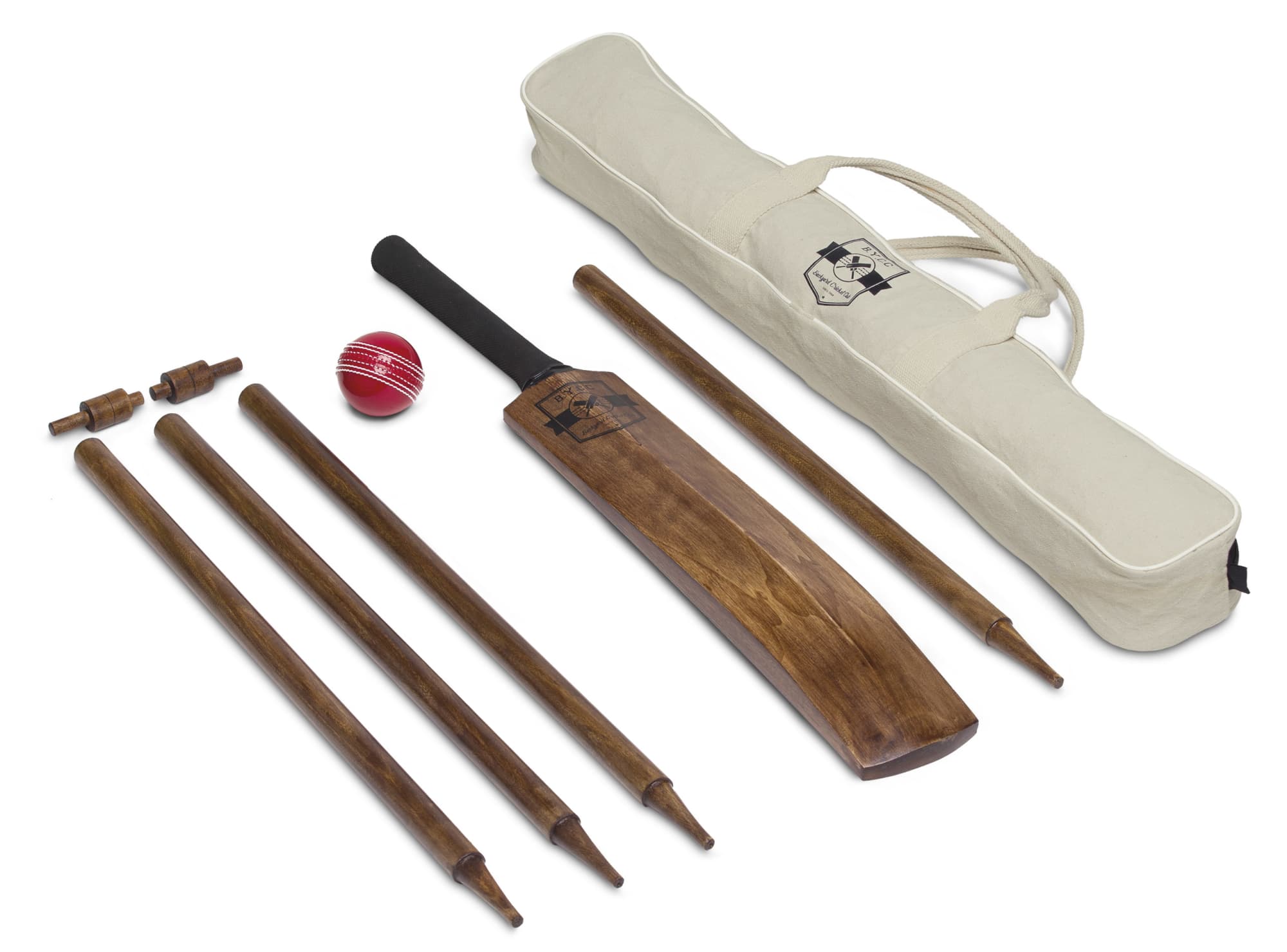 A backyard cricket set featuring a wooden bat, four stumps, a ball in red, and a carry bag with a logo. Backyard Cricket Set - Image 1