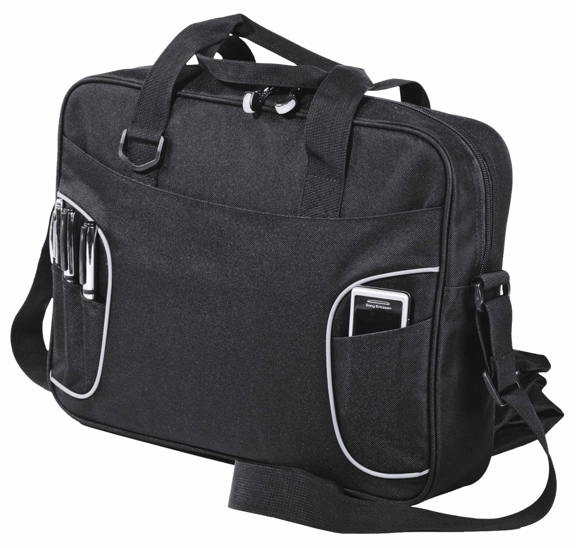 A black laptop bag featuring multiple pockets and a shoulder strap. It includes a logo on the front. Express Conference Satchel - Image 1