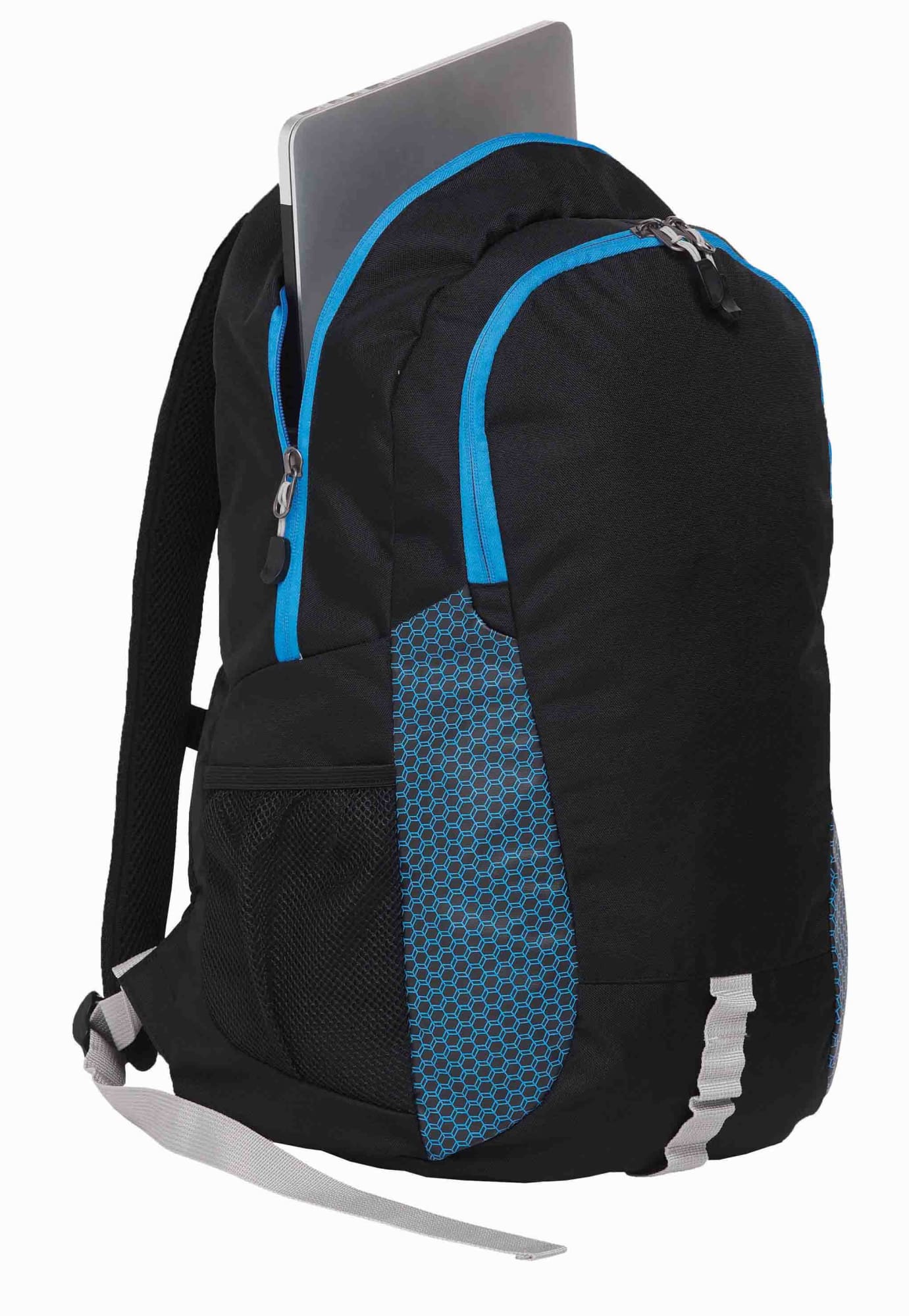 A black backpack with blue accents featuring a laptop sleeve and mesh side pockets. It has adjustable straps and a logo. Grommet Backpack - Image 1