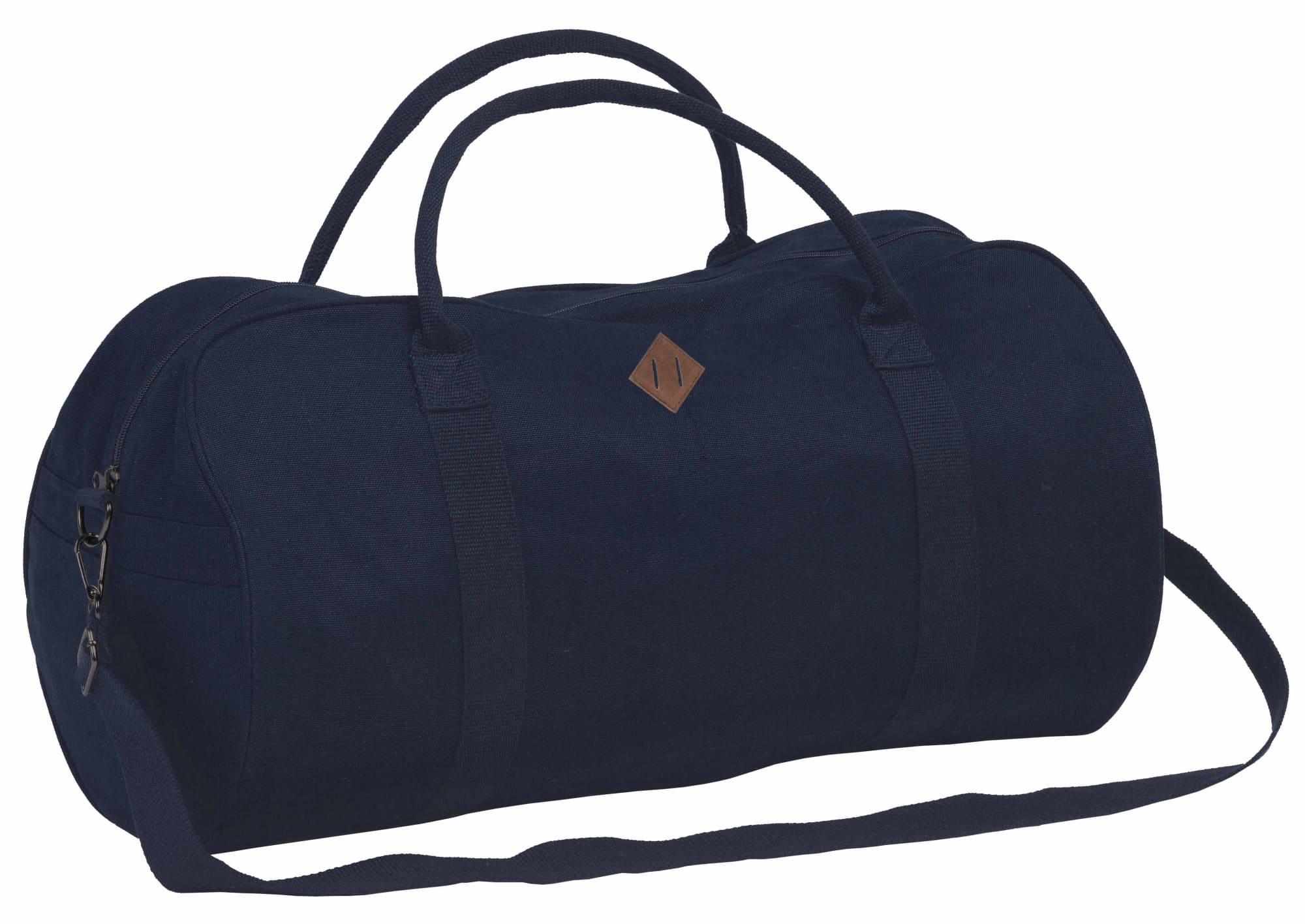 A navy blue duffle bag with dual handles, a shoulder strap, and a logo patch on the side. Lansdowne Duffle - Image 1