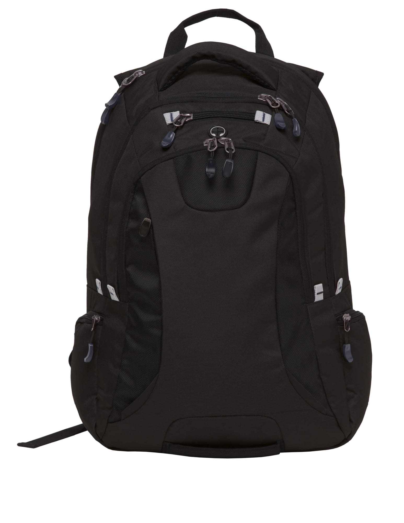 A black backpack with several compartments and zippers, featuring a logo, ideal for carrying various items. Network Compu Backpack - Image 1