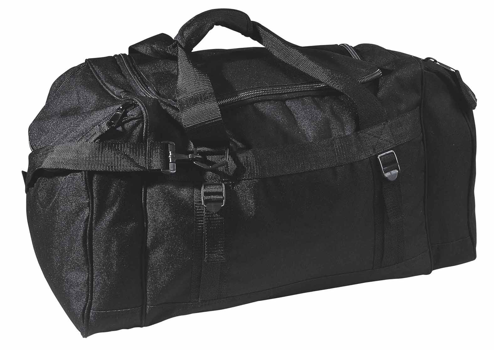 A black duffle bag with multiple compartments and straps, featuring a logo. Reactor Sports Bag - Image 1
