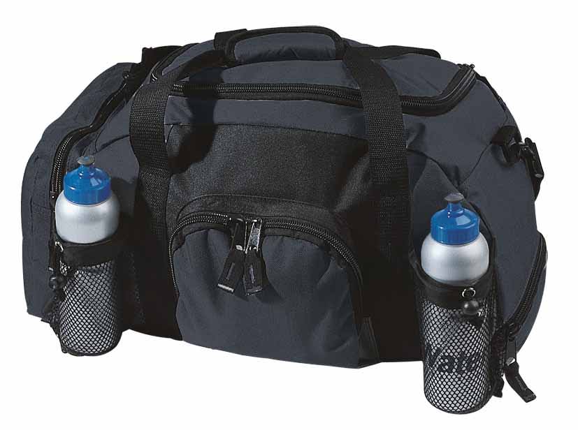 A black duffle bag with two side pockets, each holding a silver drink bottle with blue caps. Features a logo. Road Trip Sports Bag - Image 1