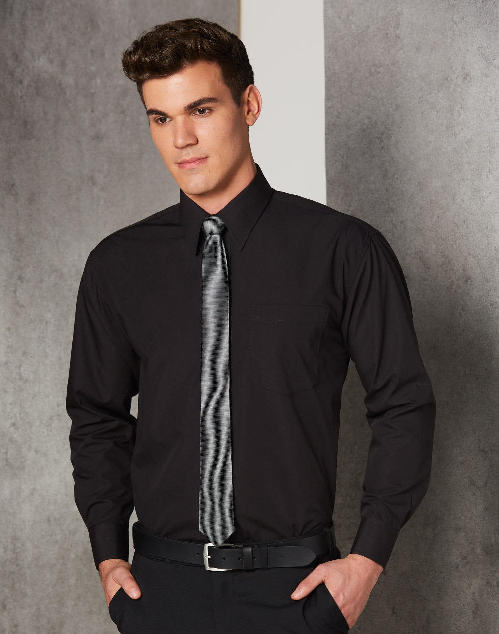 A black long sleeve business shirt with a collar, paired with a grey tie, and featuring a chest pocket. Man's poplin shirt,long sleeve - Image 1