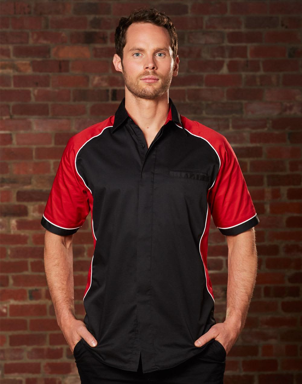 A men's button-up shirt featuring a tri-colour design with black, red, and white contrast detailing. It has a logo. Men's Contrast Shirt - Image 1
