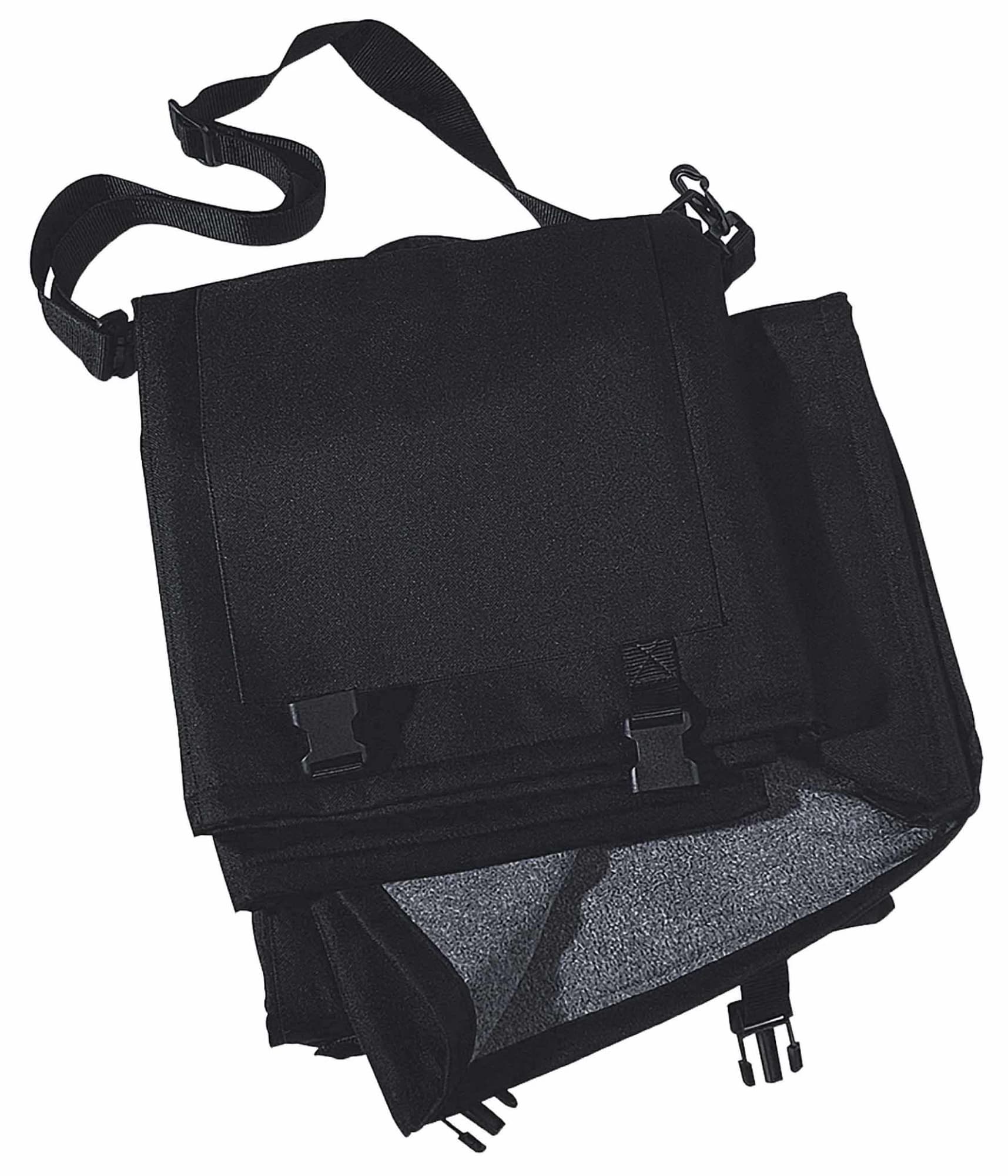 A black sports blanket with straps and clips, neatly folded for storage. It has a simple, functional design. Sports Blanket - Image 1