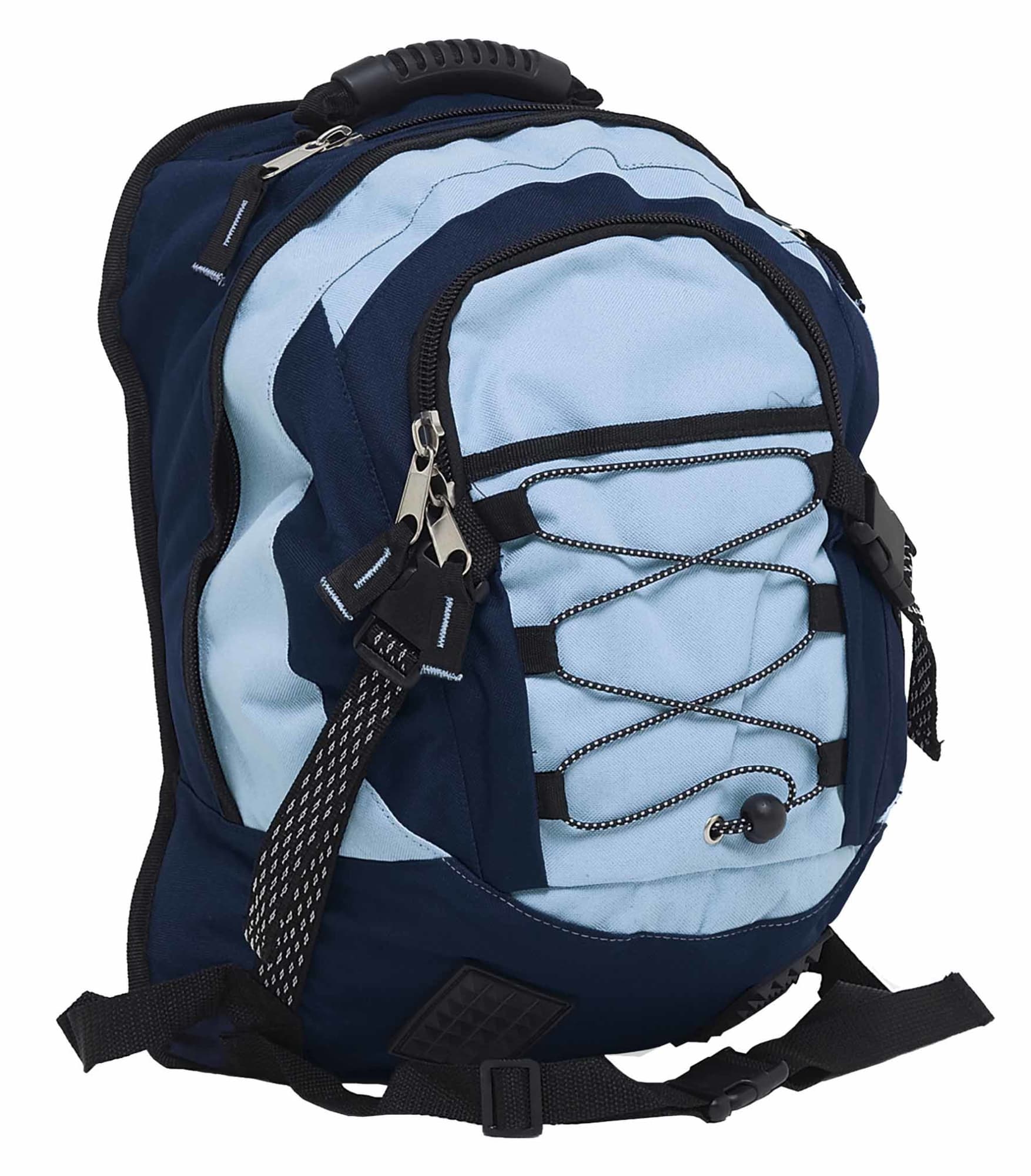 A blue and navy backpack featuring multiple zippers, straps, and a logo on the front. Stealth Backpack - Image 1