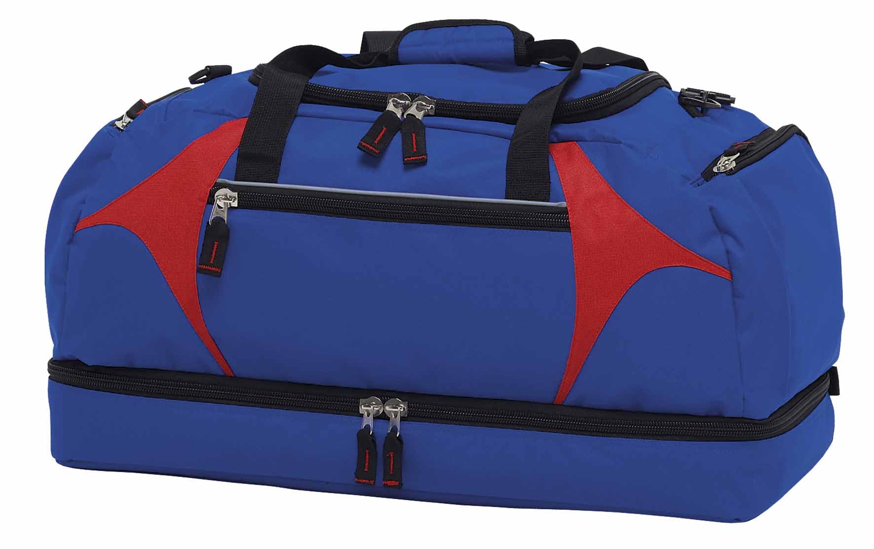 A blue and red duffle bag featuring multiple zippered compartments and a sturdy handle. It has a logo. Spliced Zenith Sports Bag - Image 1