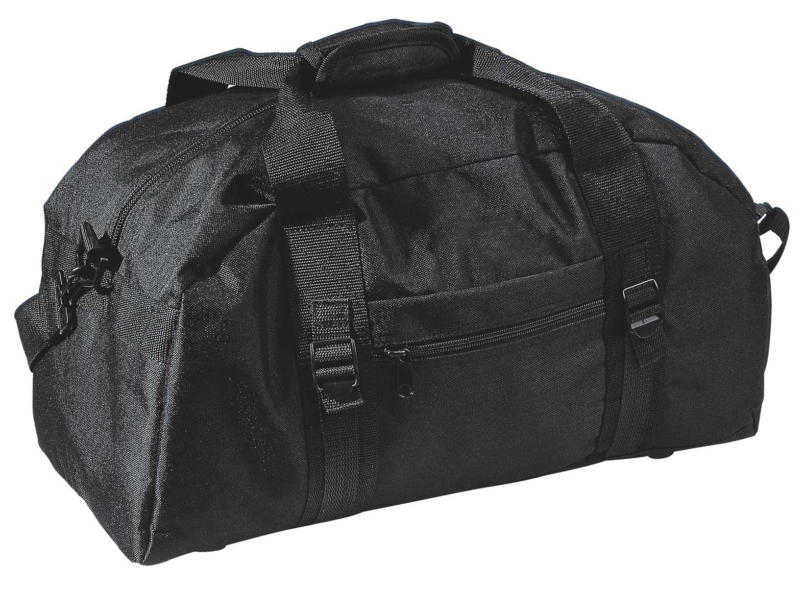 A black duffle bag with multiple straps, a front pocket, and branded logo. Ideal for sports and travel. Trekker Sports Bag - Image 1