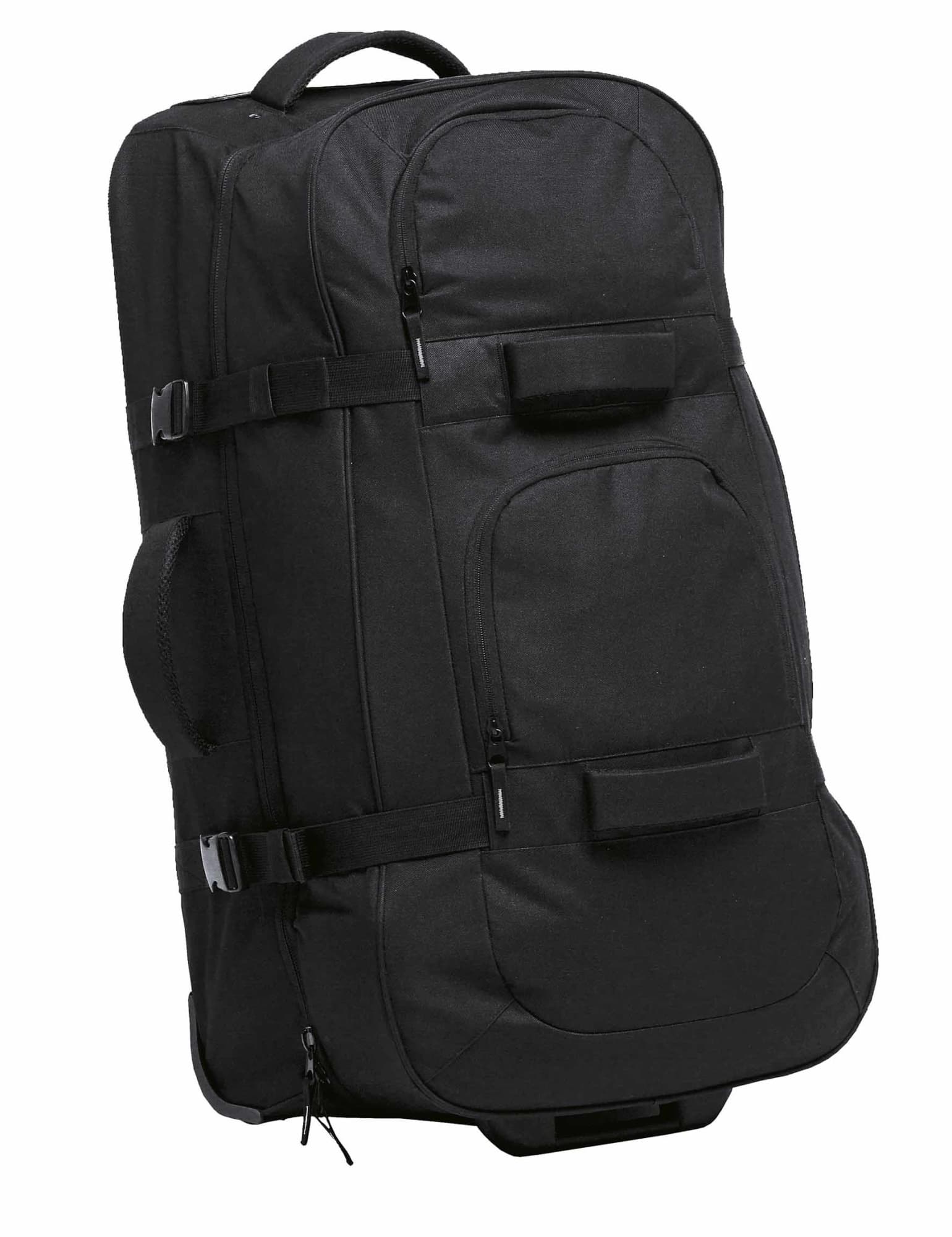 A large black wheeled travel bag with multiple compartments and adjustable straps. It features a logo on the front. Terminal Travel Bag - Image 1