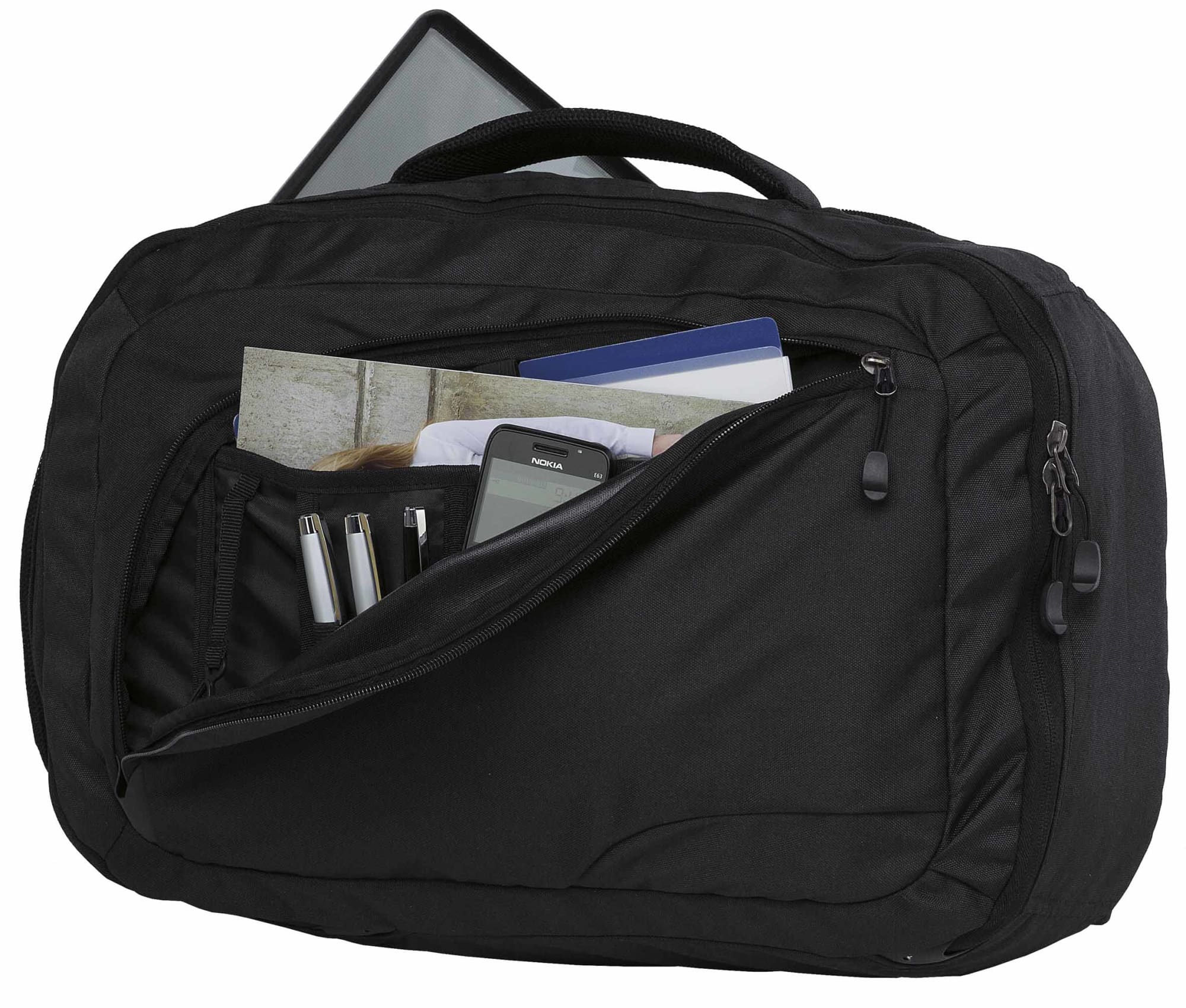 A black laptop bag with a front pocket containing pens, a phone, and documents, plus a tablet visible inside. Urban Compu Brief Bag - Image 1