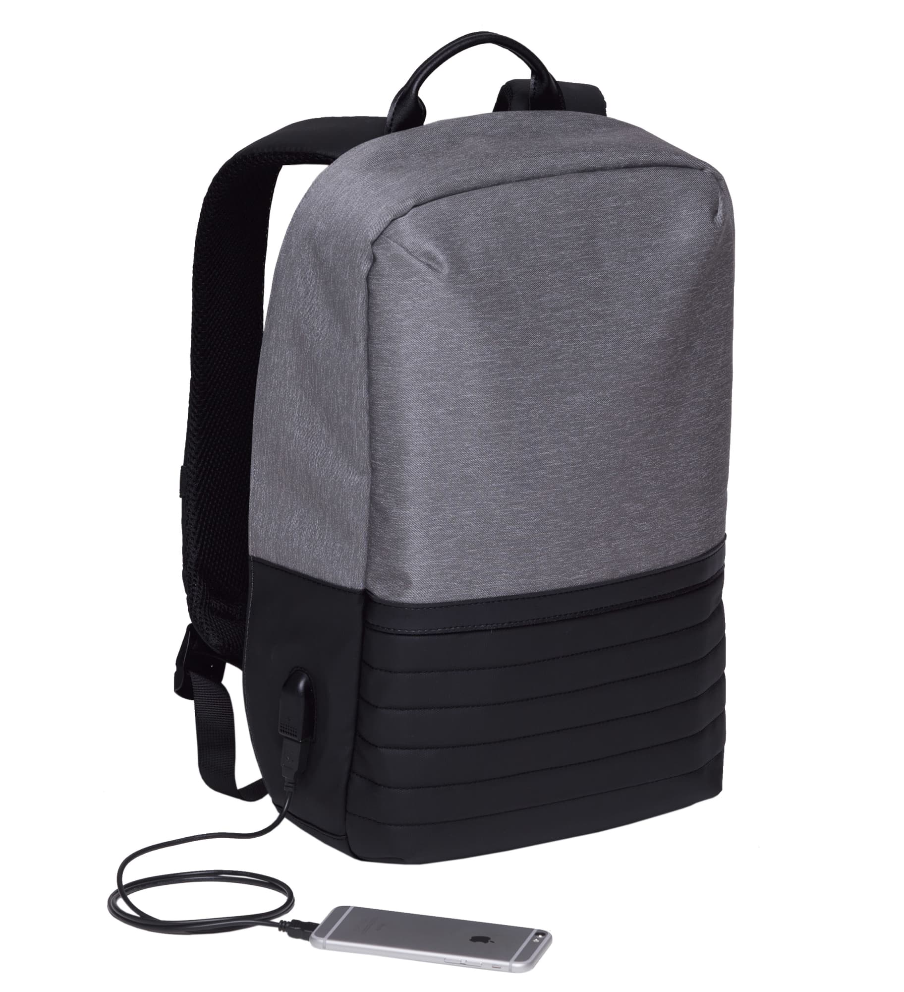 A grey and black wired backpack with a USB charging port, featuring a sleek design and padded shoulder straps. Wired Compu Backpack - Image 1