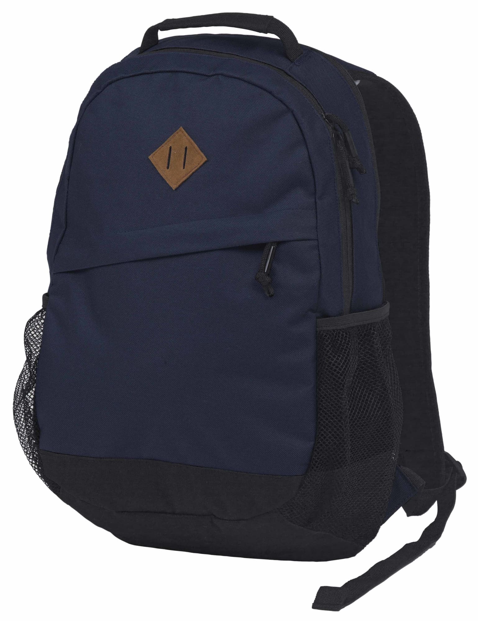 A navy and black backpack featuring a front pocket, side mesh pocket, and a simple logo. Y-Byte Compu Backpack - Image 1