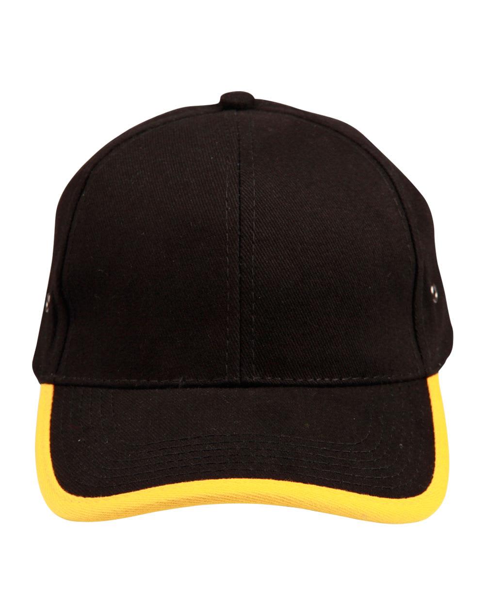 A blue cap with a yellow trim and eyelets, featuring a curved peak and an adjustable strap at the back. Heavy brushed cotton peak & back trimp cap - Image 1