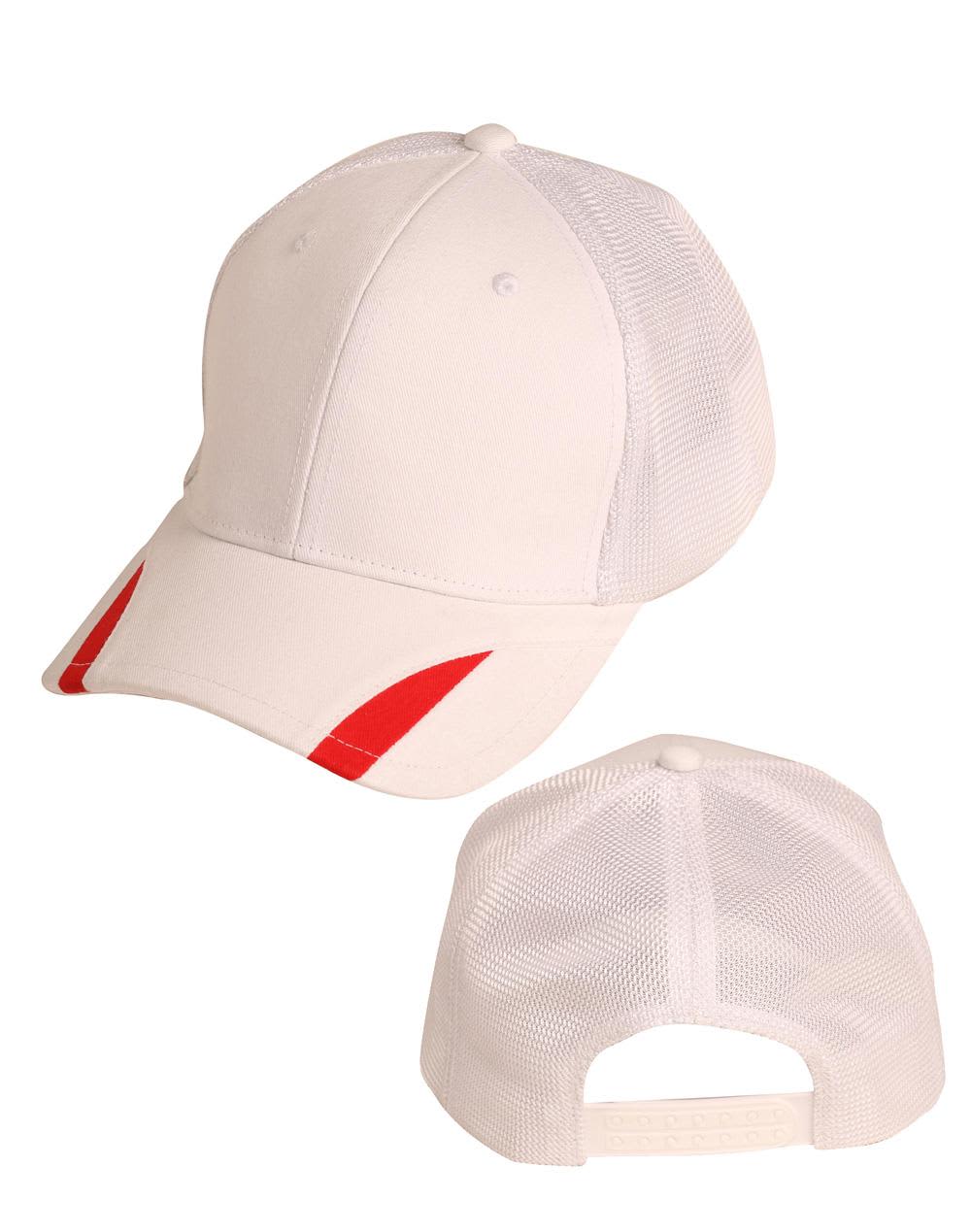 A white cap with red trim, featuring mesh panels and an adjustable back strap. It has a logo on the side. Contrast Peak Trim Cap - Image 1