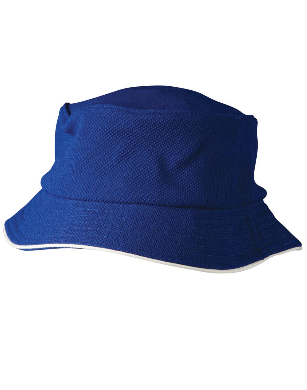 A blue pique mesh bucket hat with sandwich trim, featuring a logo. Ideal for sun protection and style. Pique mesh with sandwich trim bucket hat - Image 1