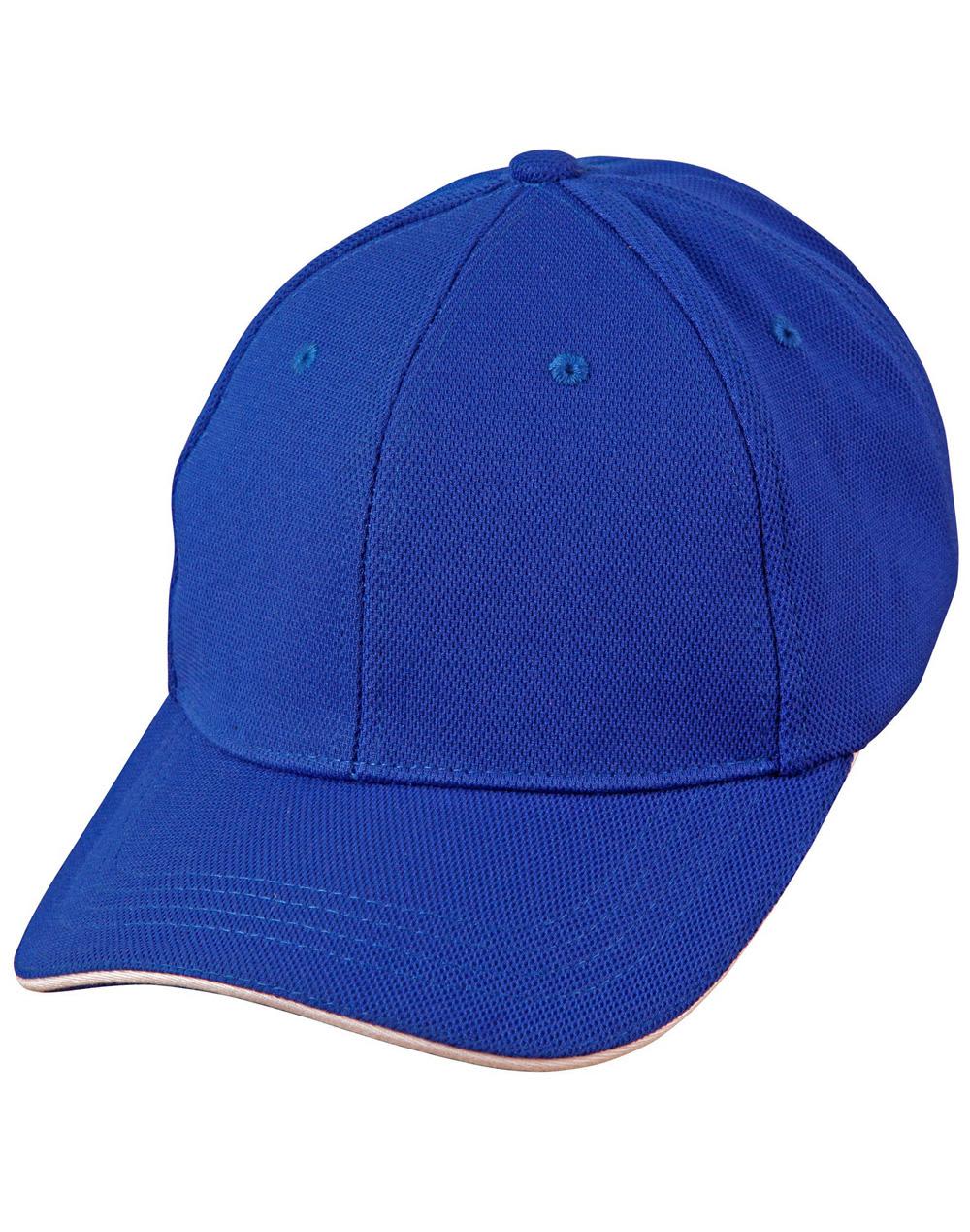 A blue Pique Mesh with Contrast Sandwich Cap featuring a structured design and a logo. Pique mesh contarst sandwich - Image 1