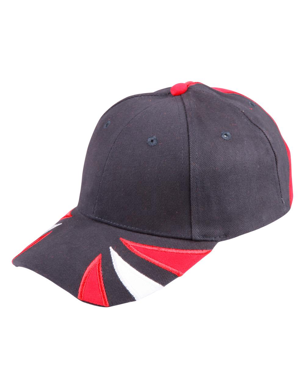 A tri-colour cap featuring black, red, and white design elements, with a logo on the front. Spider cap H/B/C tri-color - Image 1
