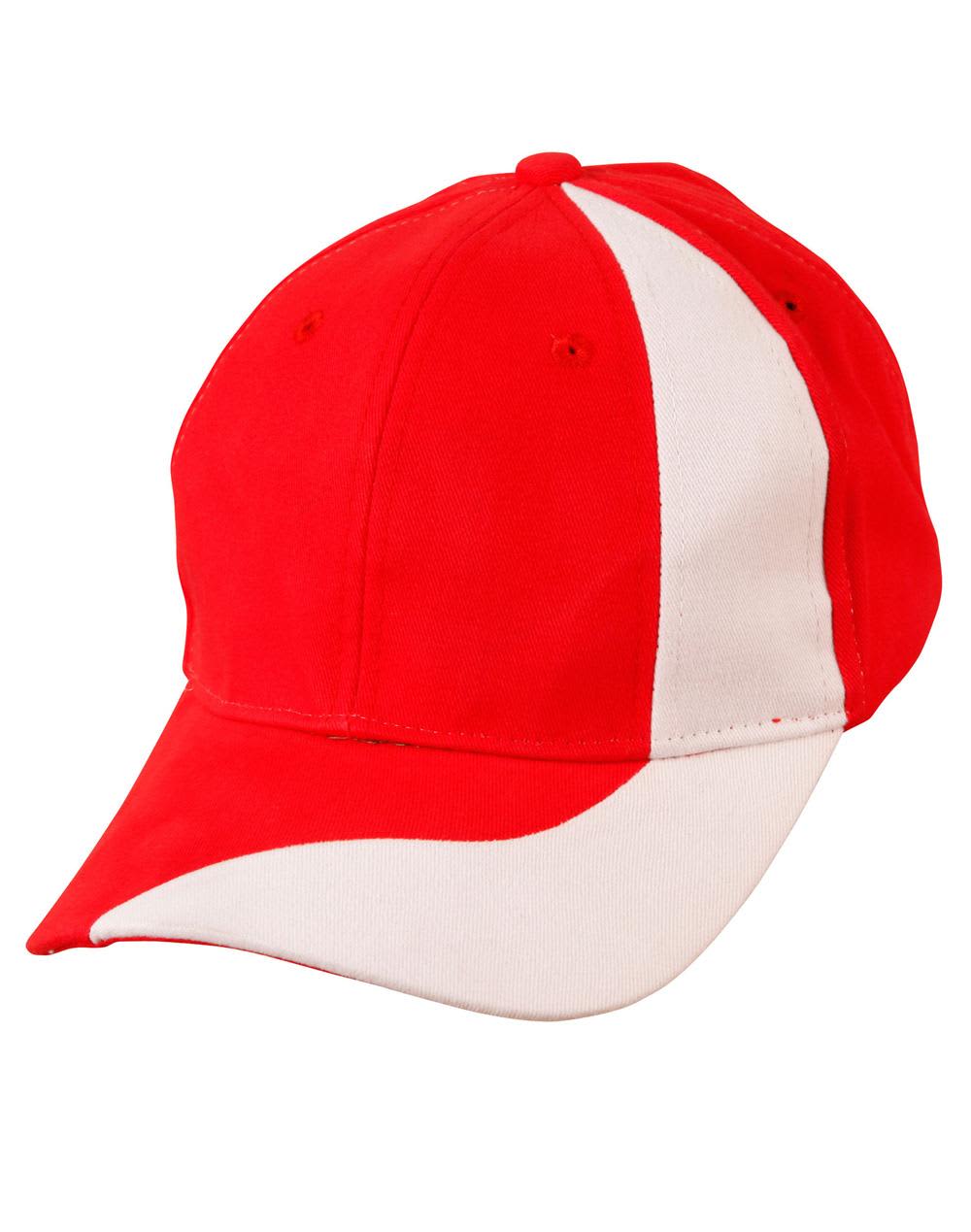 A red and white baseball cap with a curved brim and an embroidered logo. B/C/T baseball cap stripe - Image 1