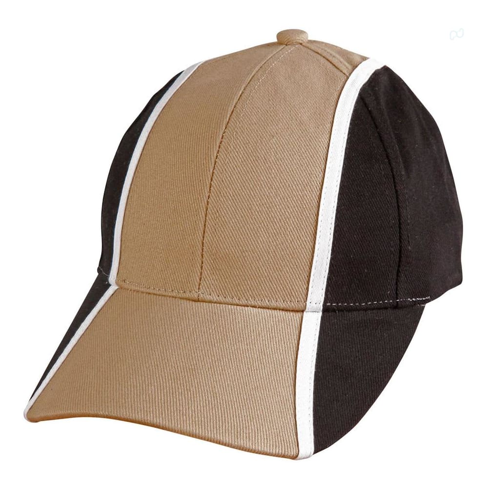 A tri-colour baseball cap featuring black, tan, and white panels, with a curved brim and a rear adjustment strap. H/B/C tri-color baseball cap - Image 1