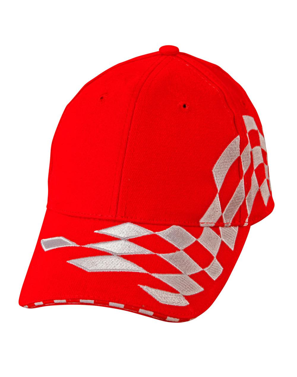 A red cap featuring a checkered embroidery design and a logo. H/B/C embroidery check racing - Image 1