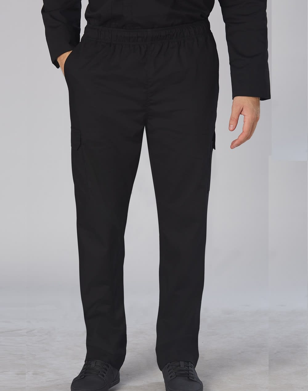 Black men's functional chef pants with an elastic waistband and side pockets, featuring a logo on the fabric. Men's Functional Chef Pants - Image 1