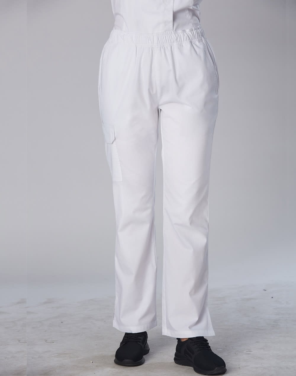 Ladies' functional chef pants in white, featuring an elastic waistband and a side pocket. Ladies' Functional Chef Pants - Image 1