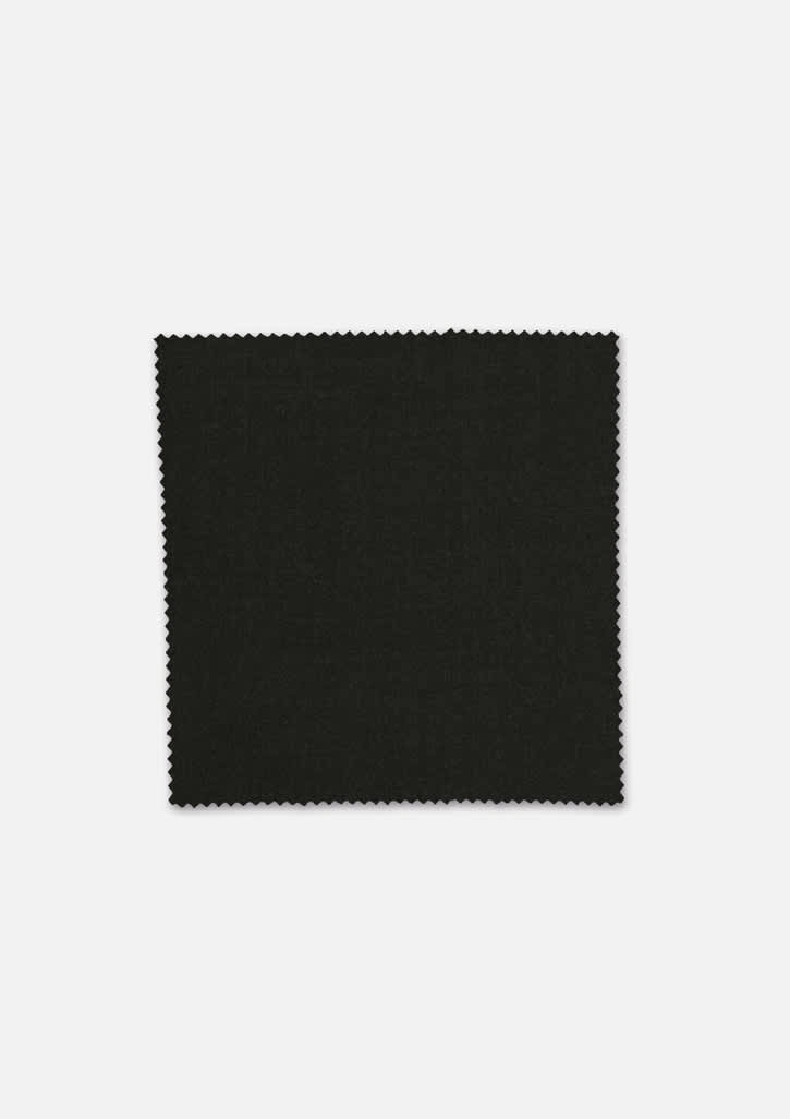 A square swatch of dark green wool fabric with a textured finish and a scalloped edge. It features a branding logo. Comfort Wool Stretch Suiting - Image 1