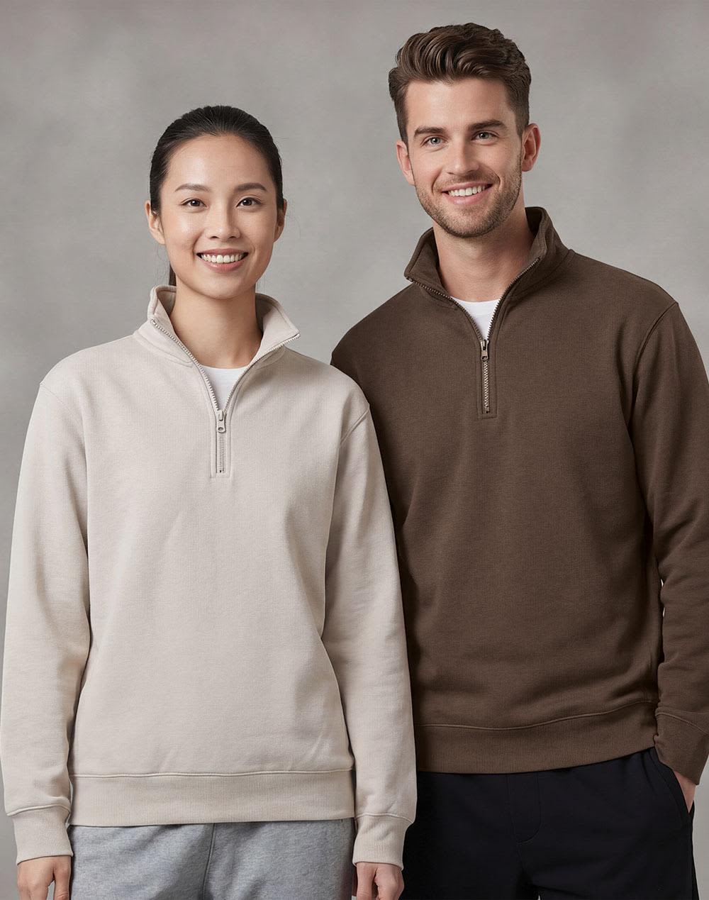 A navy 1/2 zip collar fleecy jumper featuring a front pocket and a logo on the chest. 1/2 zip collar fleecy sweat - Image 1