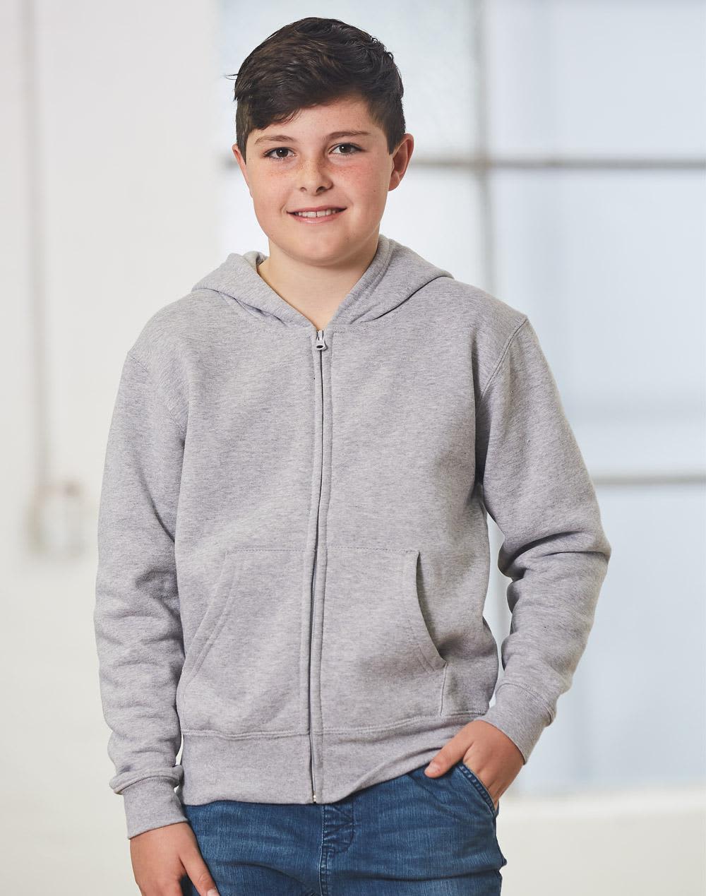 A grey full-zip fleecy hoodie featuring a hood and front pockets, modelled by a young boy. Kid's full-zip fleecy hoodie - Image 1