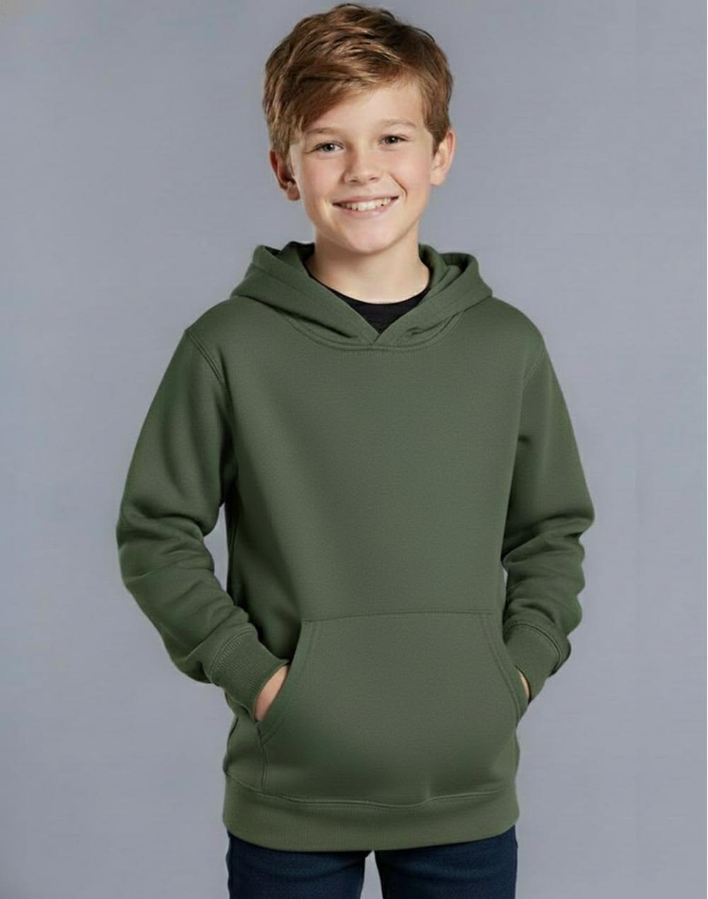 A grey kids' fleecy hoodie with a front pocket and a hood, worn by a smiling child against a neutral background. Kids' Close Front Contrast Fleecy Hoodie - Image 1