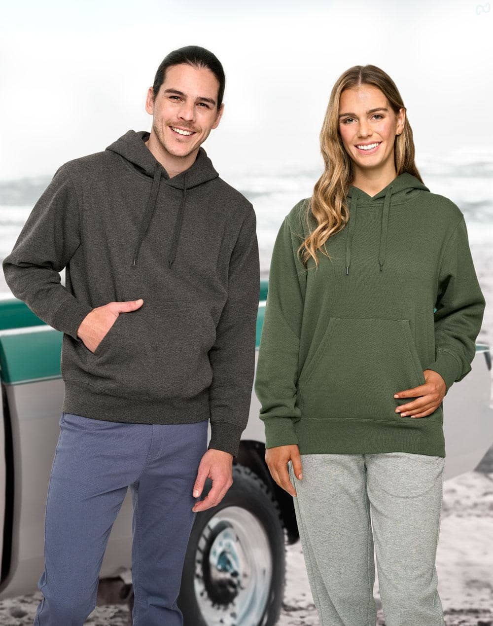 A white fleece hoodie with a front pocket is worn by a male and female model, showcasing the product's fit and style. Adult's Close Front Contrast Fleecy Hoodie - Image 1