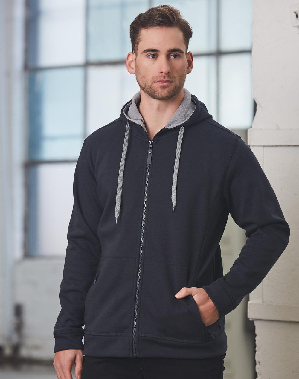 Men's full zip fleece hoodie in black with grey contrast hood. Features pockets and a logo on the chest. Men's Full Zip Contrast Fleece Hoodie - Image 1