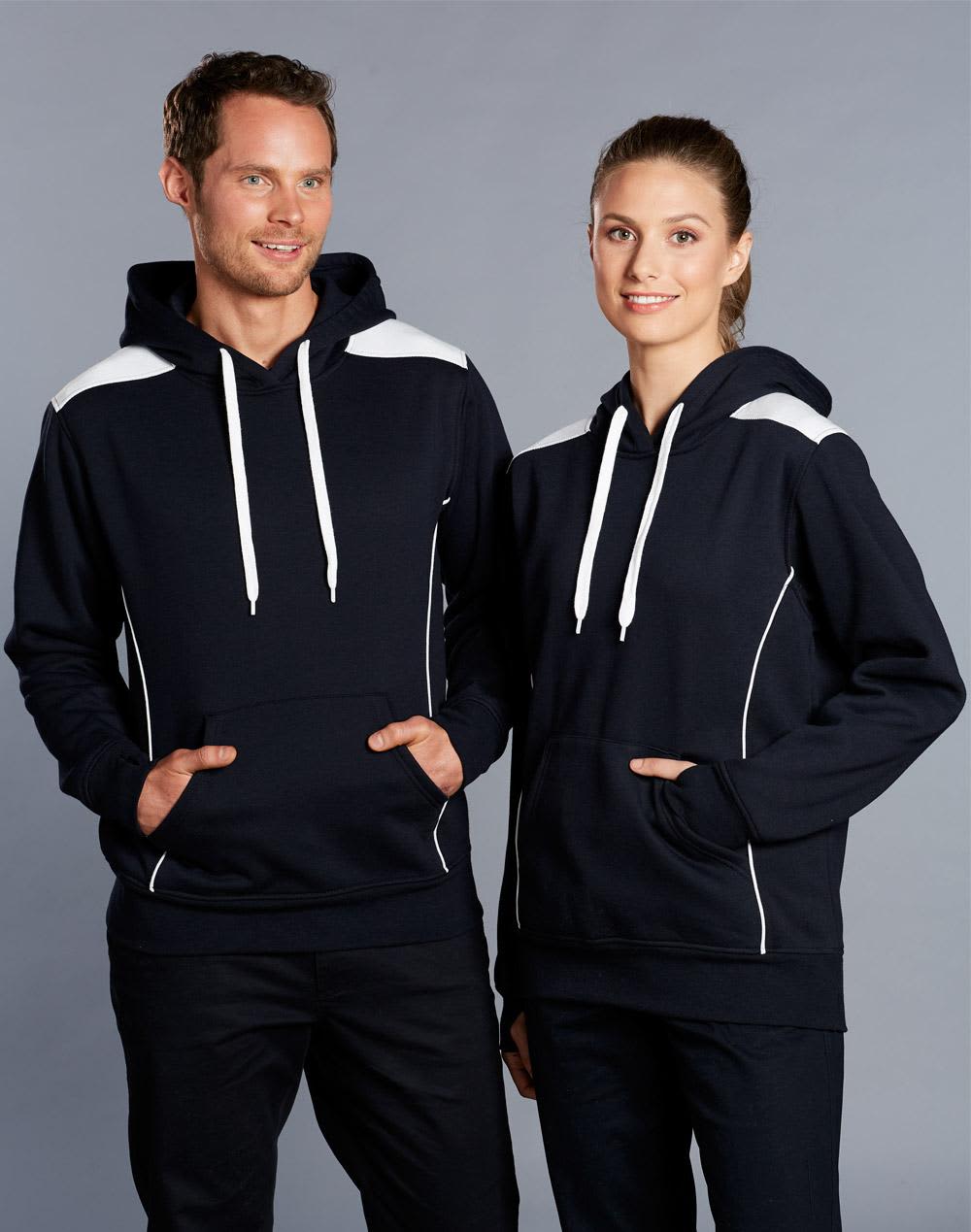 A navy hoodie with a kangaroo pocket, featuring white contrast details and a logo on the front. Adult's Kangaroo Pocket Contrast Hoodie - Image 1
