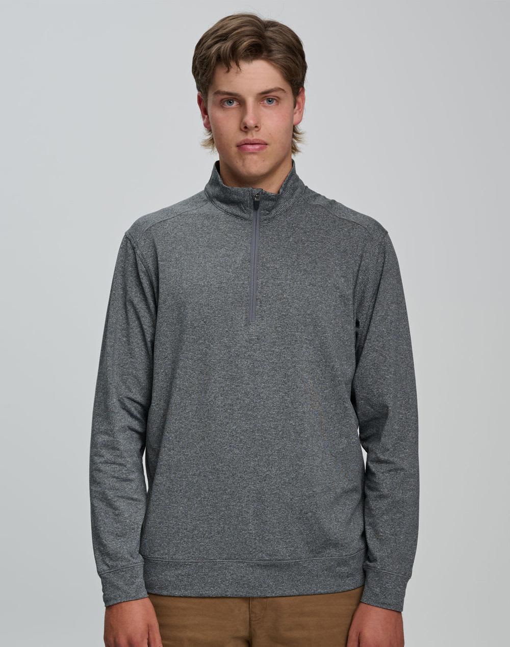 A men's half zip long sleeve sweatshirt in dark grey, featuring a subtle blend texture and a logo. Men's Half Zip L/S Sweat Top - Image 1