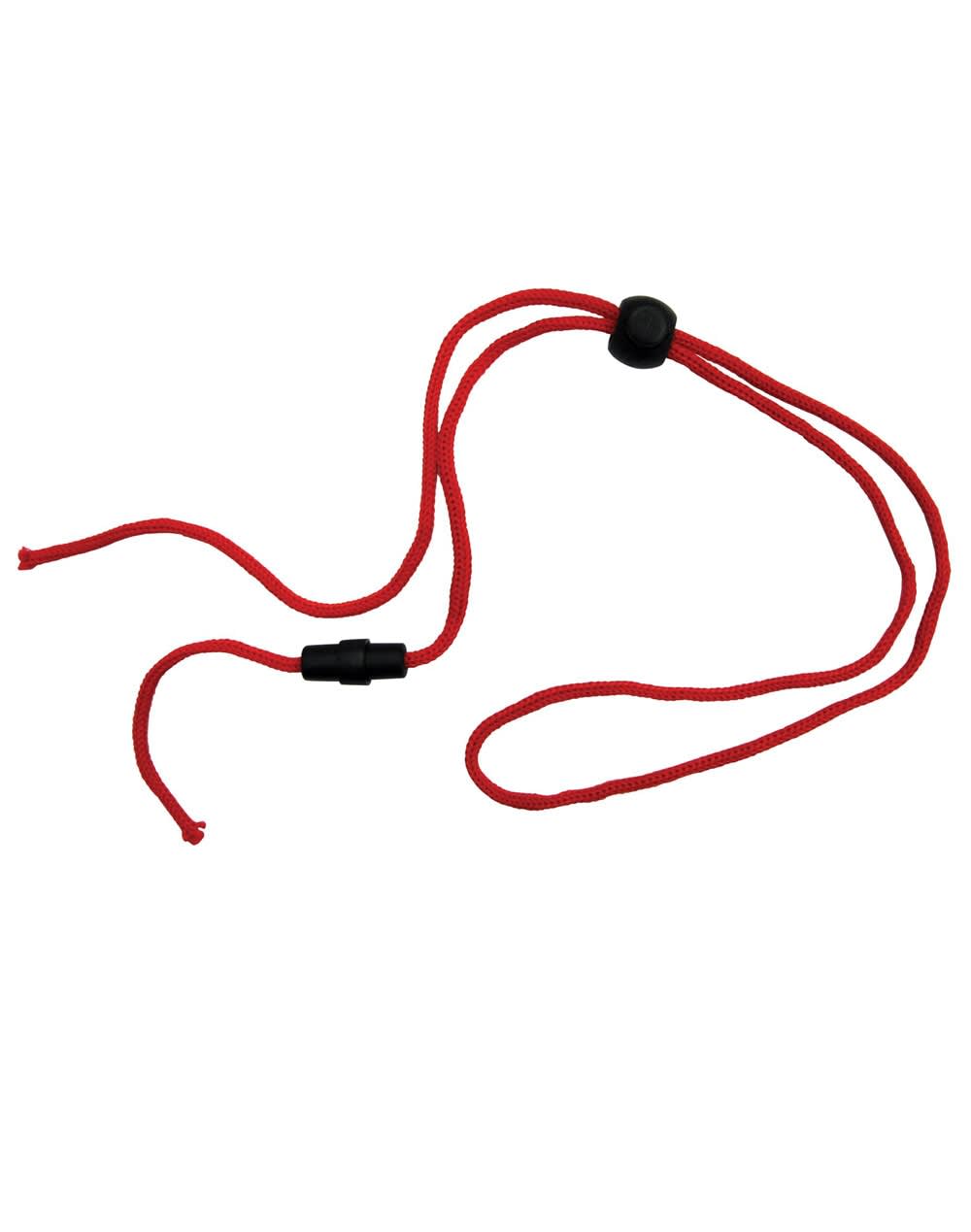 A red chin strap break-away clip with adjustable black toggles on each end. It has a simple, functional design. Chin Strap Break-away Clip - Image 1
