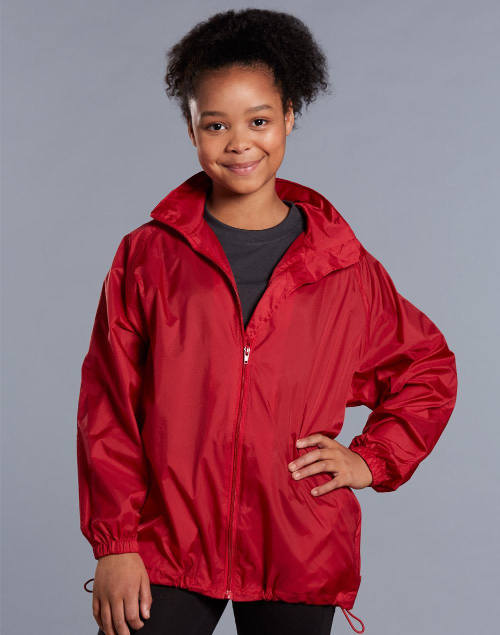 A red kids' outdoor activity spray jacket with a zipped front and elasticised cuffs, featuring a logo. Kids' Outdoor Activity Spray Jacket - Image 1