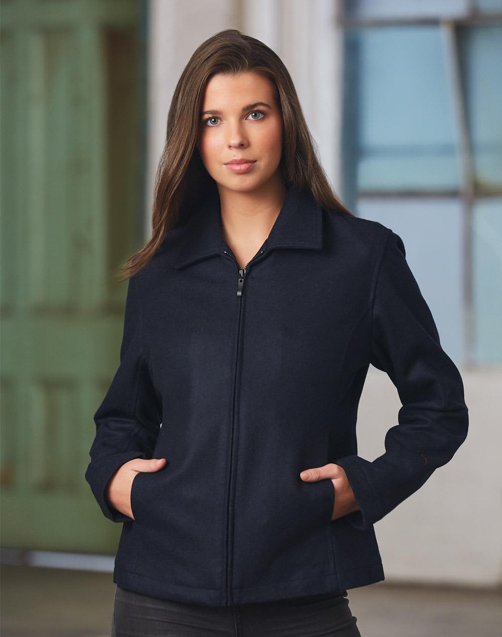 A wool blend corporate jacket in navy, featuring a zip front and side pockets, worn by a model. The jacket has a logo. Ladies Wool Blend Corporate Jacket - Image 1